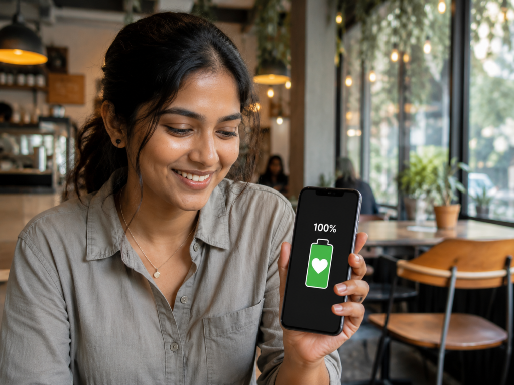 Happy person using budget smartphone with AI battery optimization showing 100 percent battery icon and green heart on screen in cafe setting