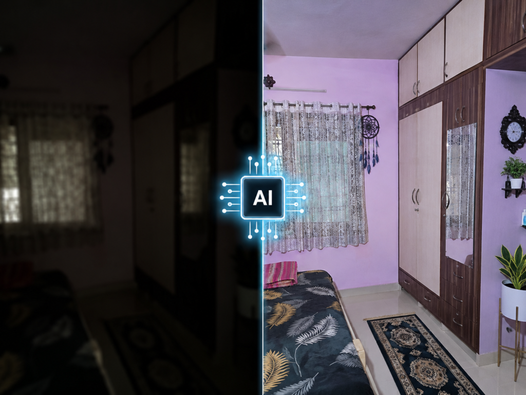 AI camera enhancement comparison on budget smartphone showing dark photo vs bright AI processed photo with AI chip icon