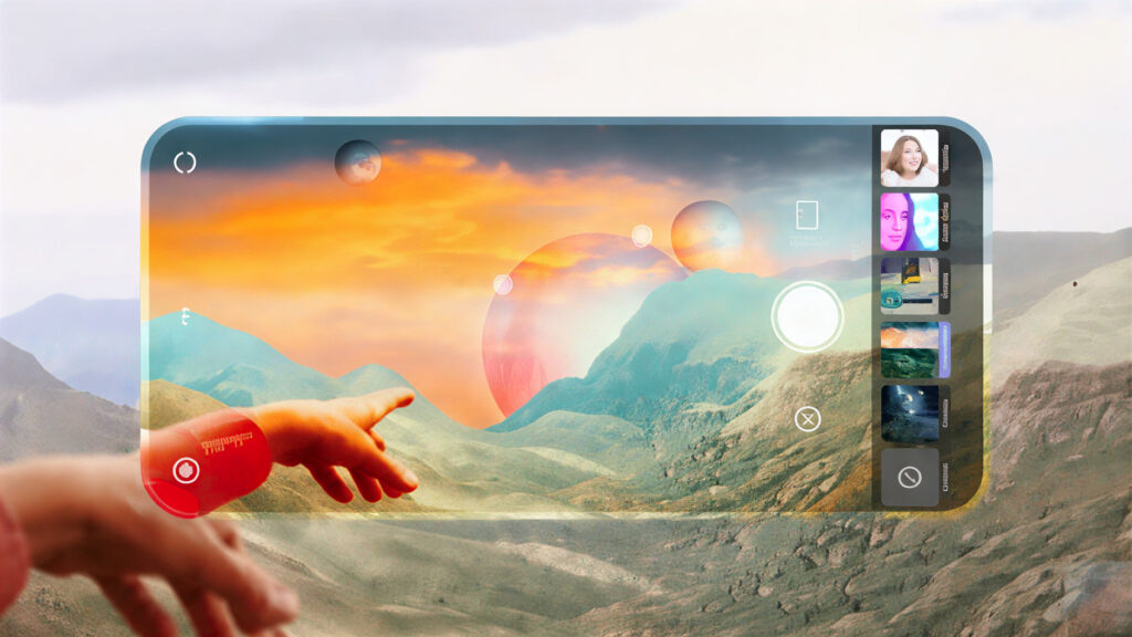 AI-powered smartphone camera interface showing augmented reality scene with smart detection, image enhancement, and real-time visual elements over a mountain landscape