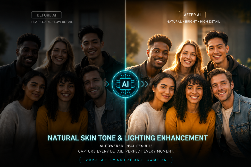 AI smartphone camera 2026 portrait enhancement with natural skin tones and professional studio lighting.