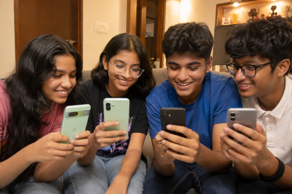 Best budget smartphones with AI features under 300 dollars in 2026 showing Pixel 8a Galaxy A26 and Moto G Power with friends comparing screens