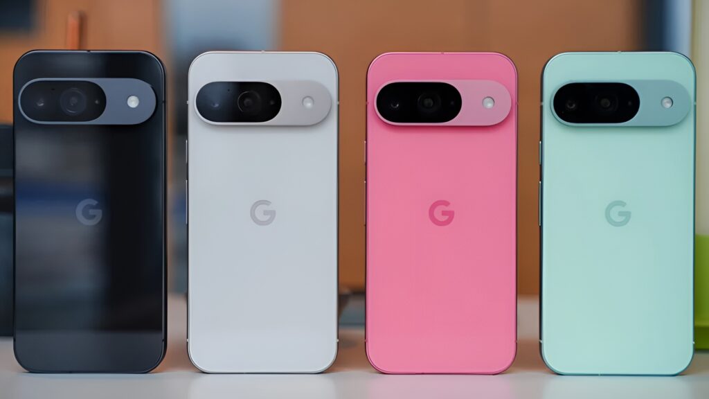 Google Pixel 9A smartphones in black, white, pink, and mint green colors with dual rear cameras
