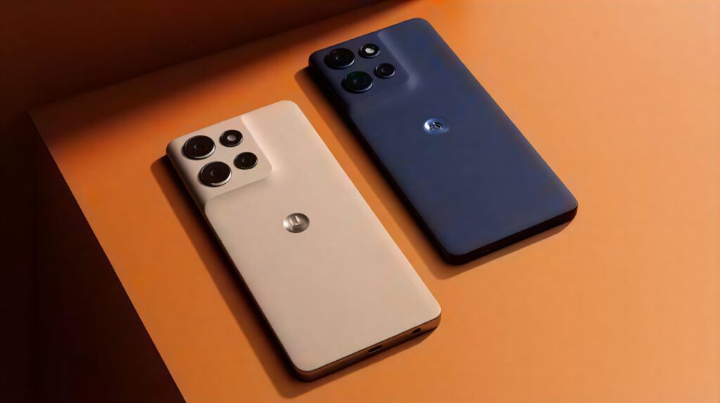 Moto G Power 2026 smartphones in blue and beige colors featuring a triple-camera setup and premium design.