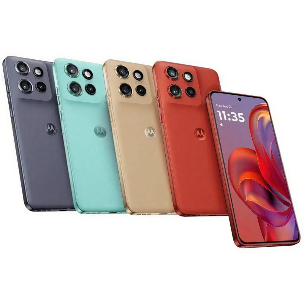Motorola Edge 60 Fusion smartphones in multiple colors with quad-camera design and slim premium build.