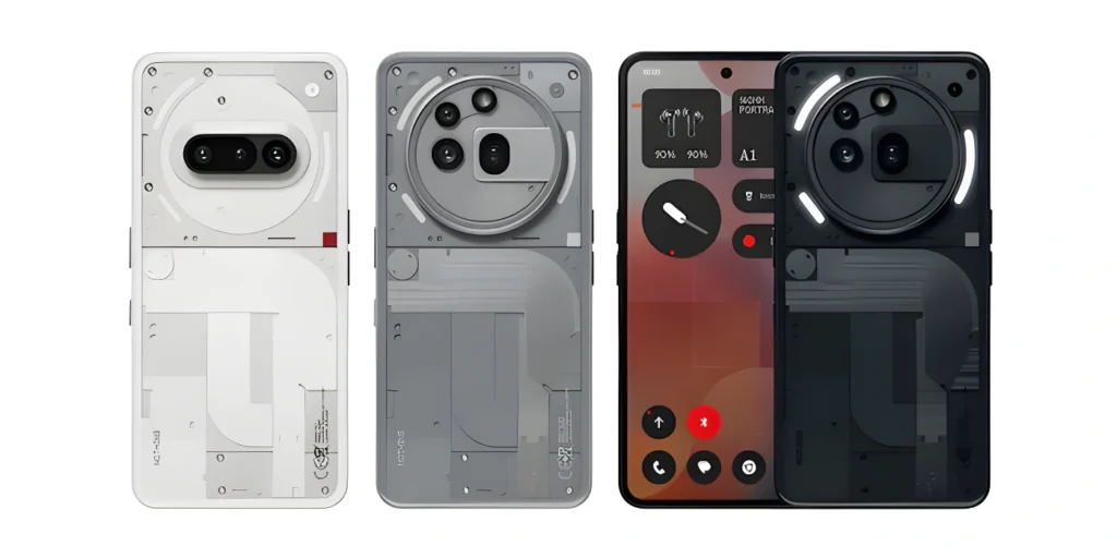 Nothing Phone 3a smartphones in black, white, and gray colors featuring a transparent back design and AI-powered features.