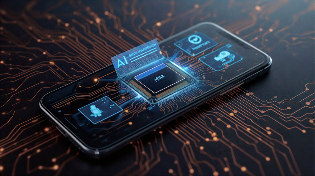 On-device AI processor inside a smartphone showing neural processing unit (NPU) powering real-time AI tasks like security, performance optimization, and smart features