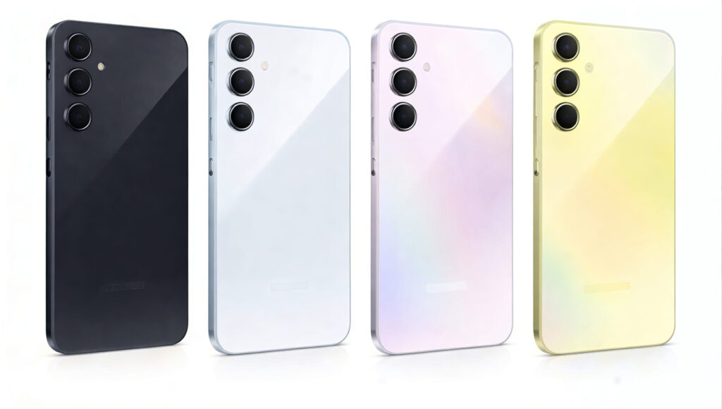 Samsung Galaxy A56 smartphones in black, white, pink, and yellow colors with triple rear camera design.