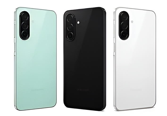 Three Samsung Galaxy smartphones in mint green, black, and white colors with triple rear camera design.