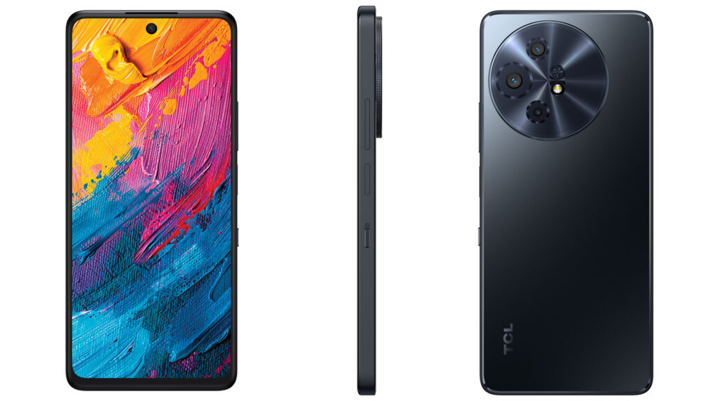 TCL smartphone showing front display, side profile, and rear triple camera design in black color.