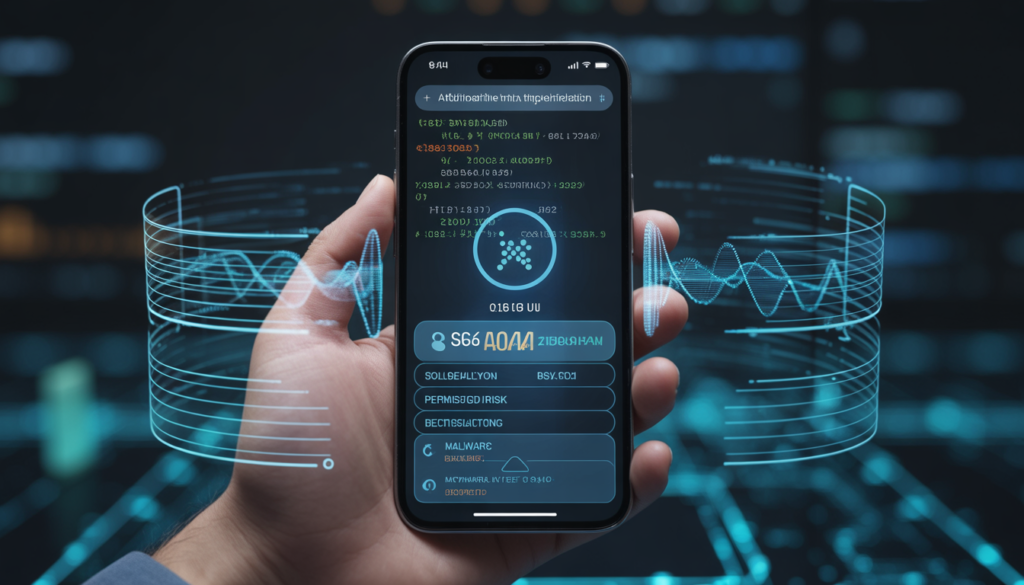 AI smartphone analyzing app code to detect malware before installation