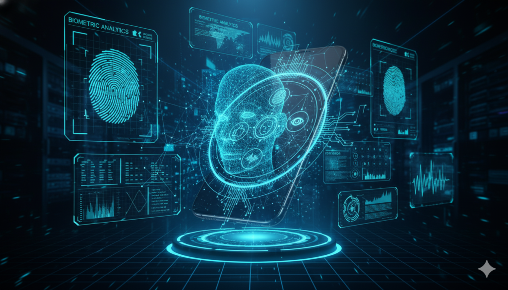 AI analyzing biometric security data on smartphone fingerprint face recognition digital identity protection concept