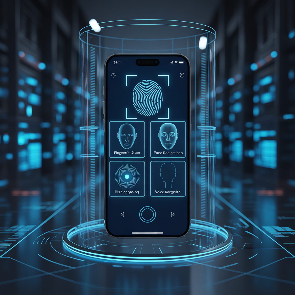 smartphone biometric security showing fingerprint face recognition and iris scan icons futuristic mobile authentication