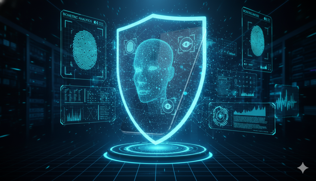 futuristic AI shield protecting smartphone biometric identity security digital protection concept