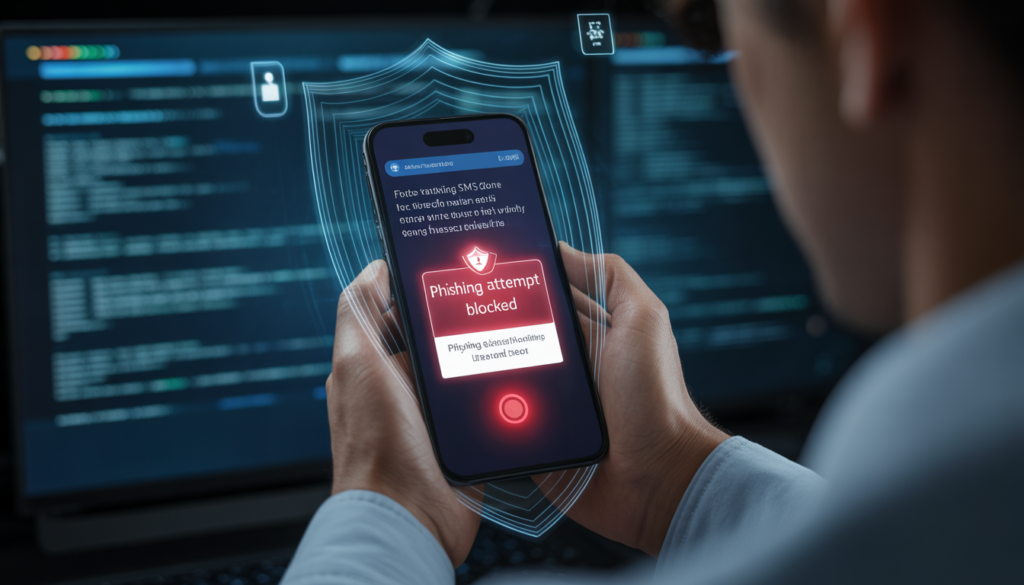 AI phishing protection stopping user from clicking fake bank SMS link