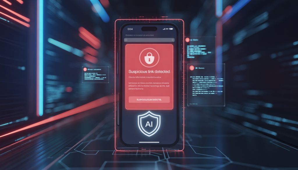 AI phishing detection smartphones 2026 showing red warning alert for scam link