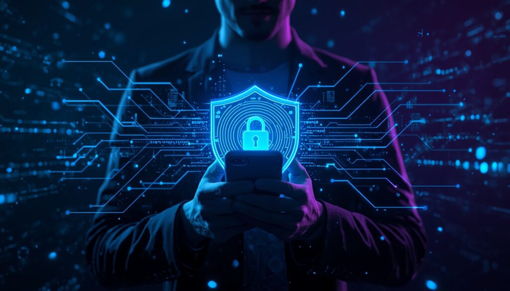 AI privacy protection shield protecting smartphone user data concept