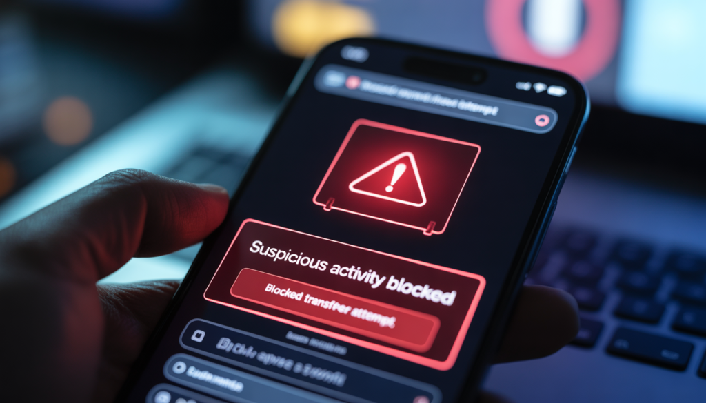 AI privacy protection smartphone showing suspicious activity blocked alert