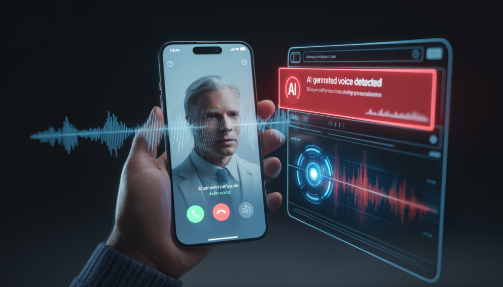 AI voice cloning scam detection smartphone showing red warning alert for fake voice call