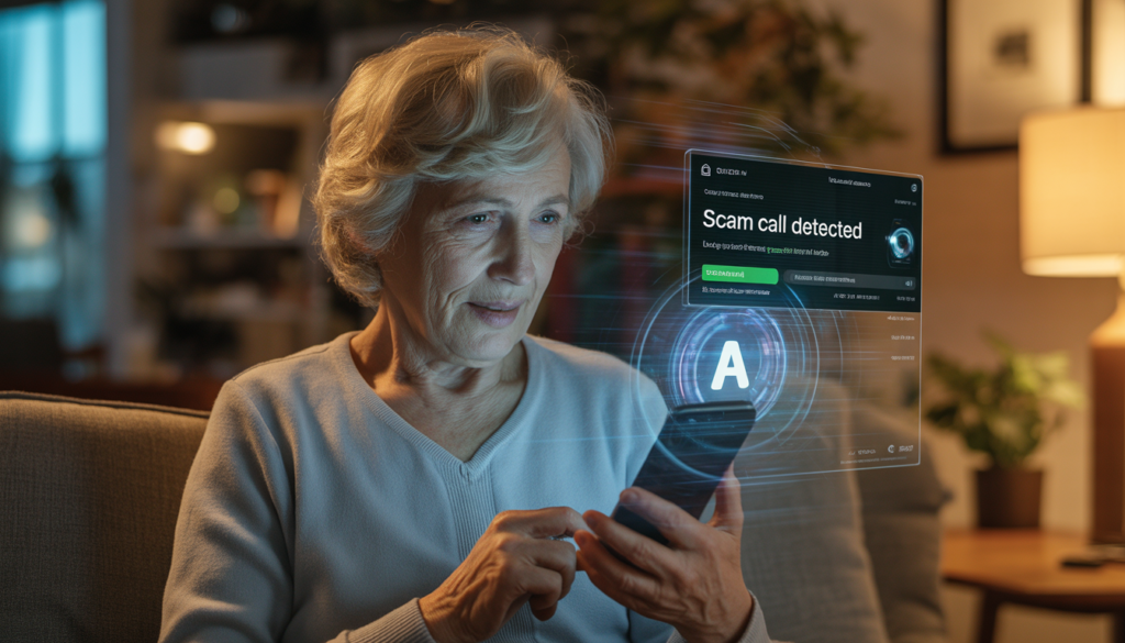 AI voice scam protection smartphone warning elderly user about fake voice call