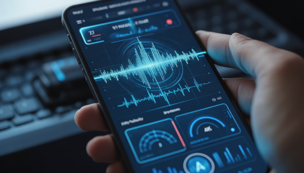 AI voice fraud detection showing voice waveform analysis and anomaly detection