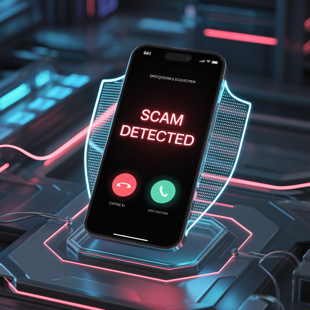 AI call screening smartphones 2026 blocking scam call with red warning alert