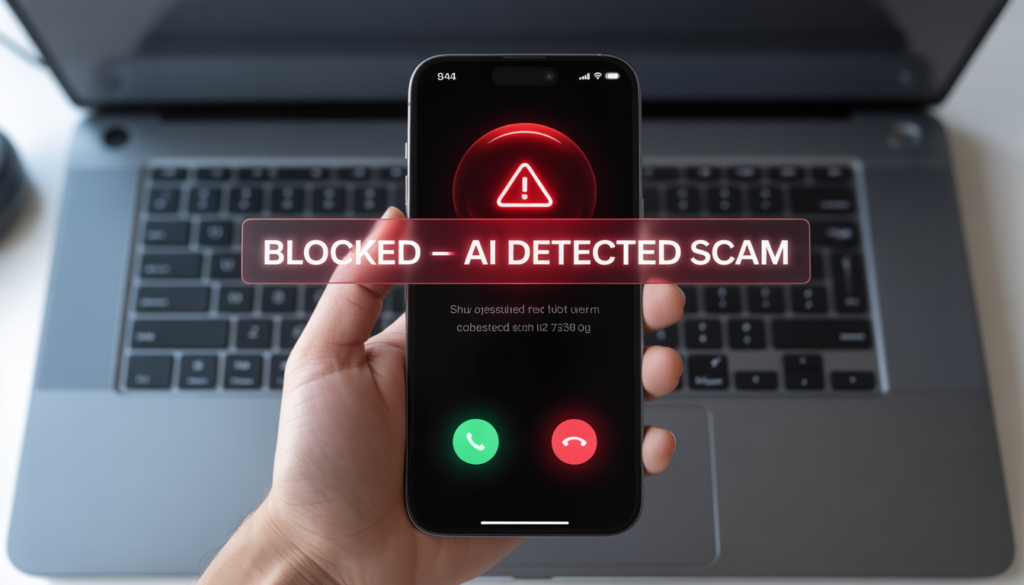 AI call screening smartphones 2026 blocking scam call with red security alert