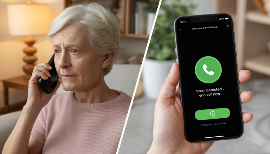 AI scam protection smartphone warning elderly user about fraudulent call