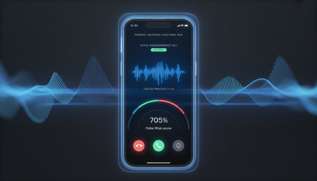 AI scam call detection interface showing real-time voice analysis and fraud probability