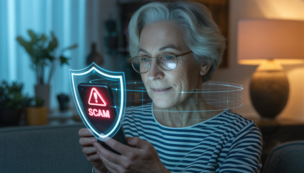 voice cloning scam detection alert – smartphone warning protects elderly user