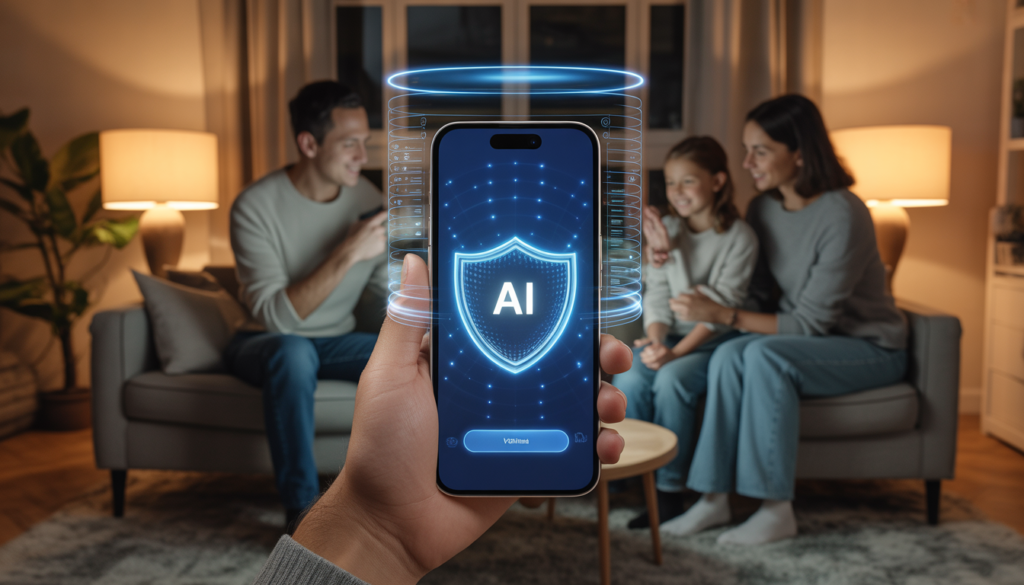 smartphone AI fact checking example – family scenario with deepfake warning