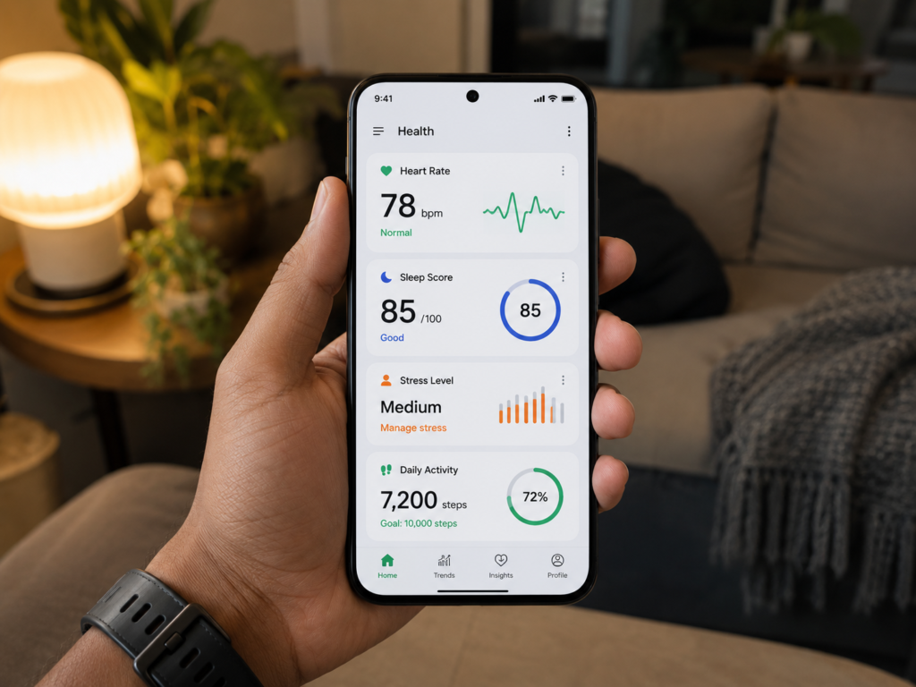 AI personal health monitoring smartphone dashboard showing heart rate sleep and activity