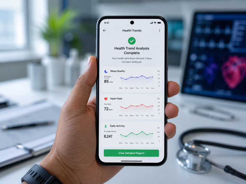 AI health trend analysis on smartphone showing sleep heart rate and activity graphs