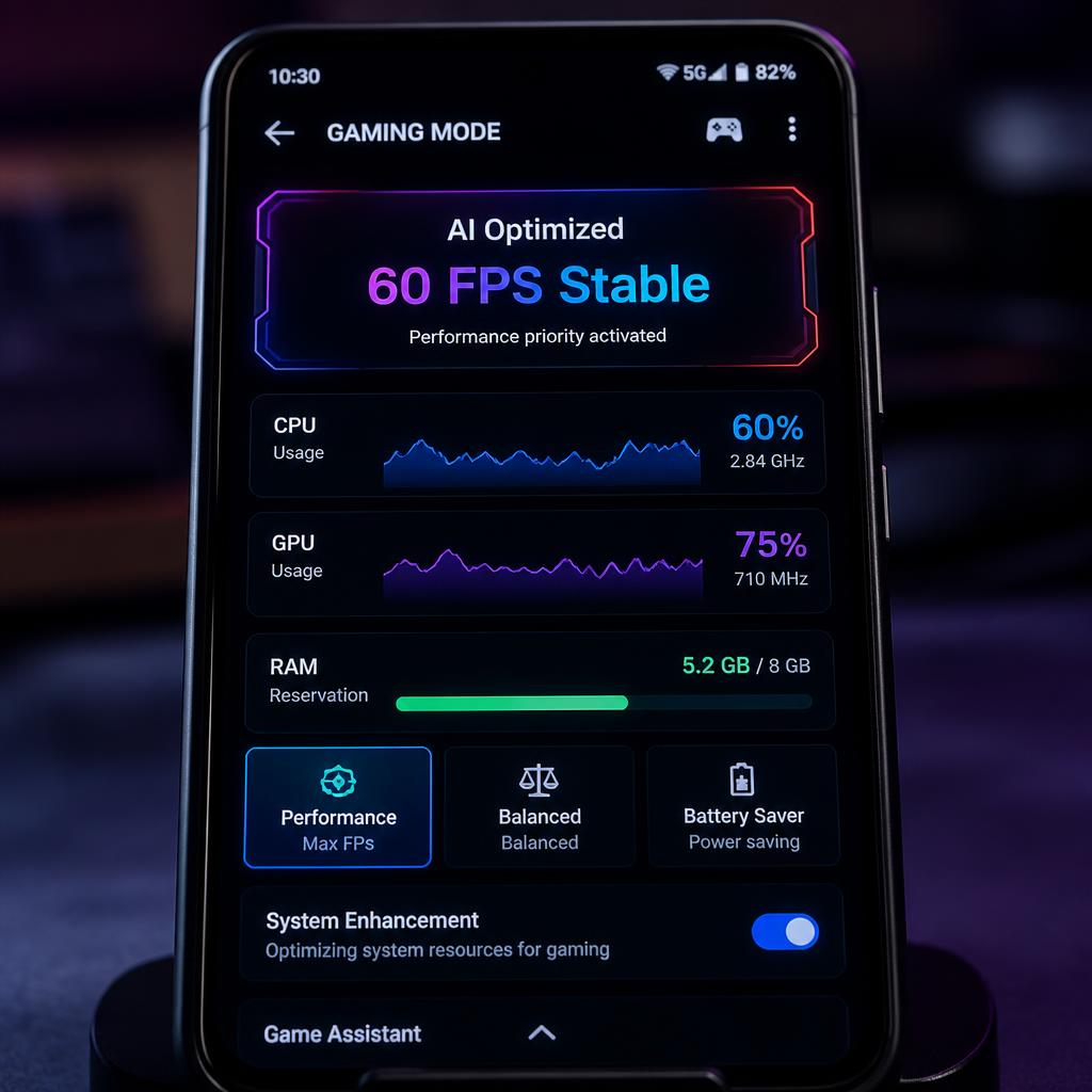 AI gaming optimization on smartphone showing stable frame rates and RAM management