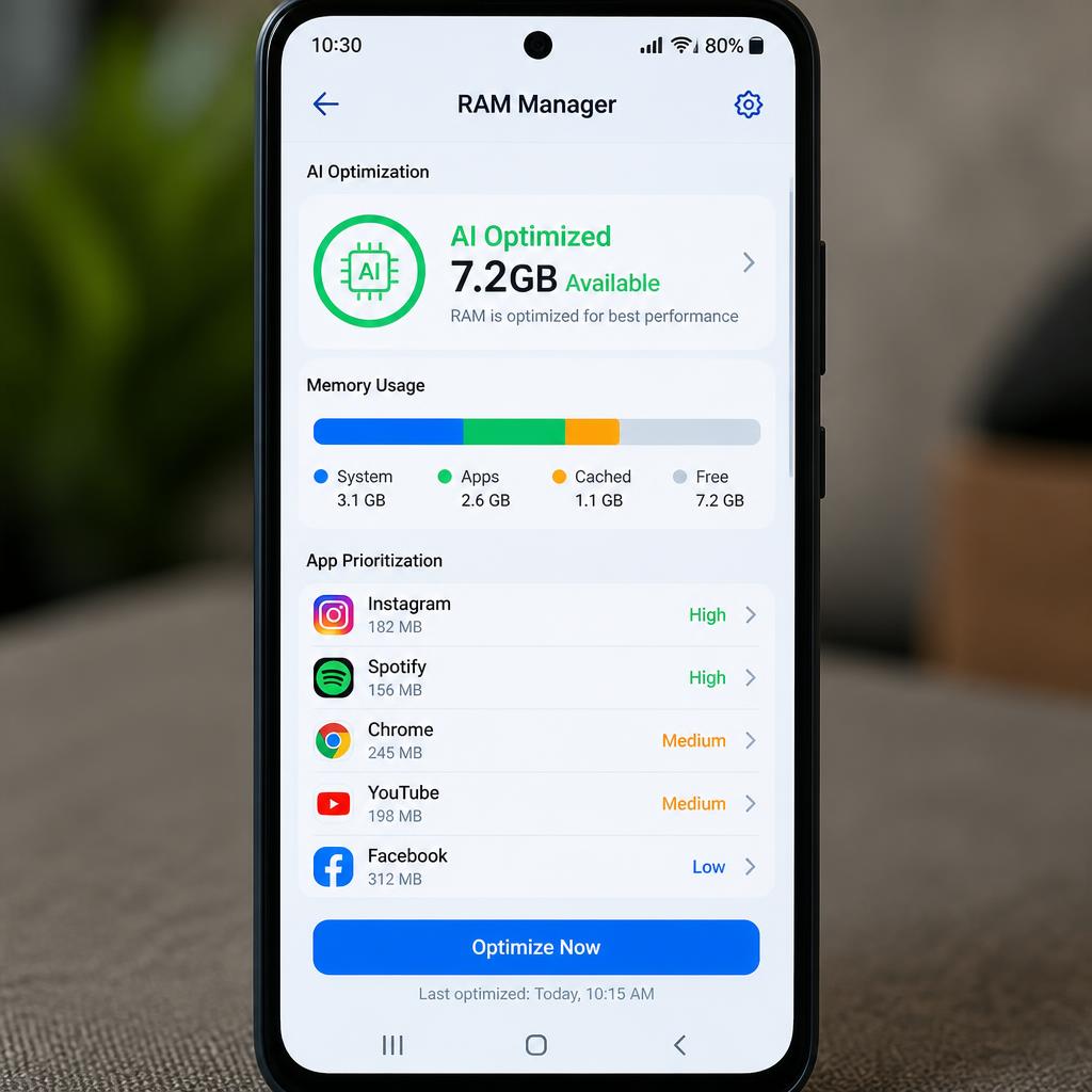 AI RAM management dashboard showing memory optimization and app prioritization