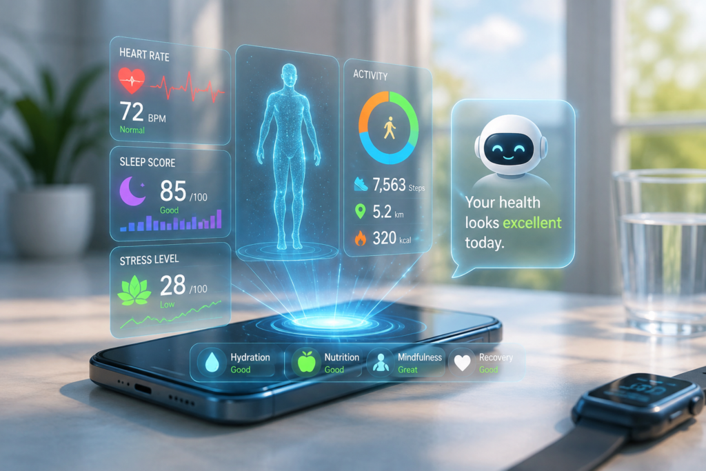 Future AI personal health monitoring smartphone with holographic health dashboard