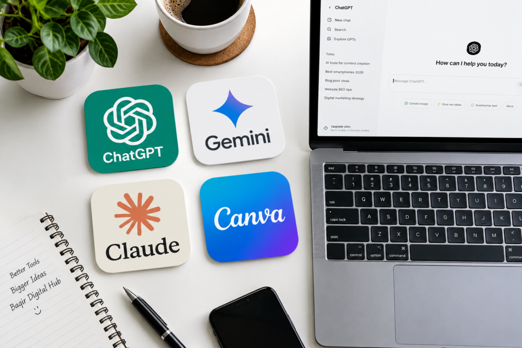 Free AI tools for beginners 2026 — ChatGPT, Gemini, Claude, and Canva on a desk