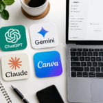 Free AI tools for beginners 2026 — ChatGPT, Gemini, Claude, and Canva on a desk