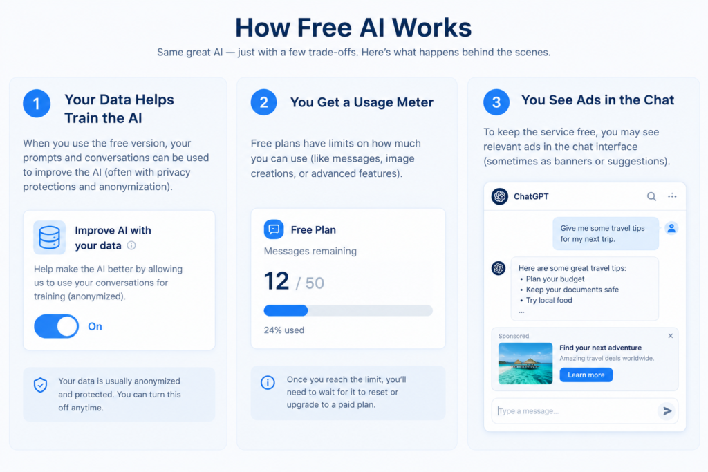 Hidden costs of free AI tools — data training, usage caps, and ads