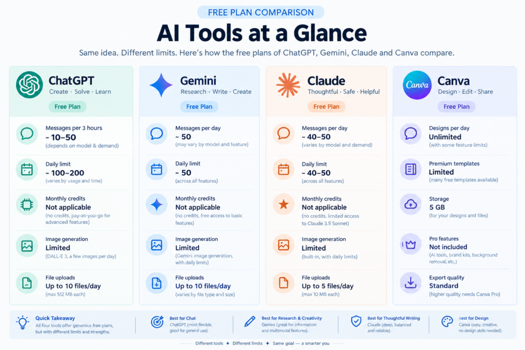 Free plan limits comparison — ChatGPT, Gemini, Claude, and Canva in 2026