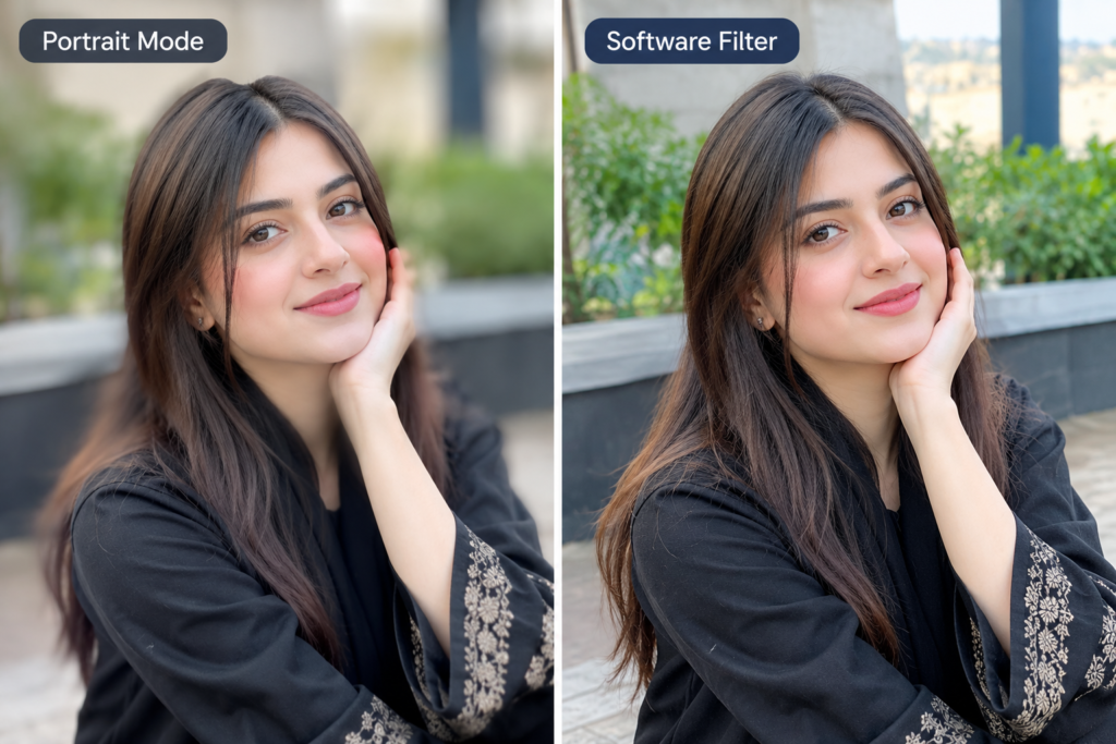 Budget phone AI portrait mode vs software blur comparison